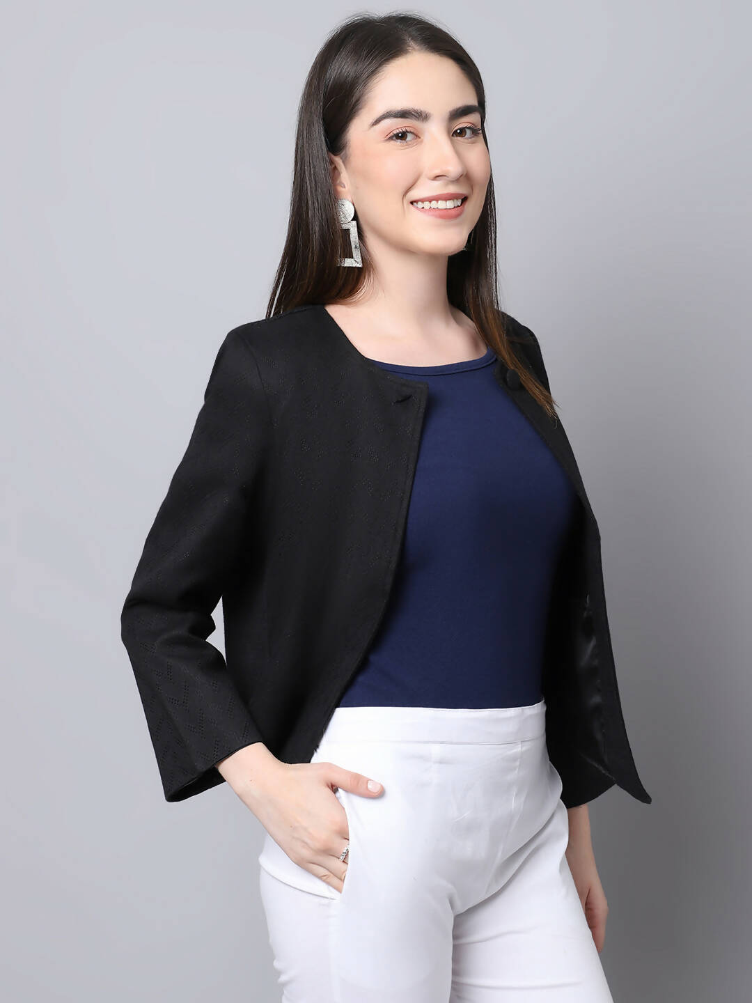 Even Apparels Black 100% Viscose Open Front Statement Women's Jacket | Swadesiicart
