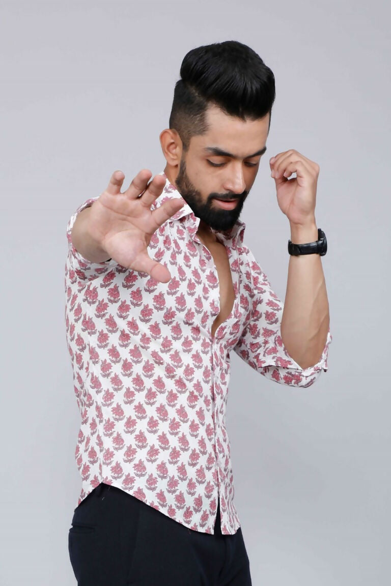 Miravan Men's White & Pink Spread Collar Floral Print Shirt | Swadesiicart