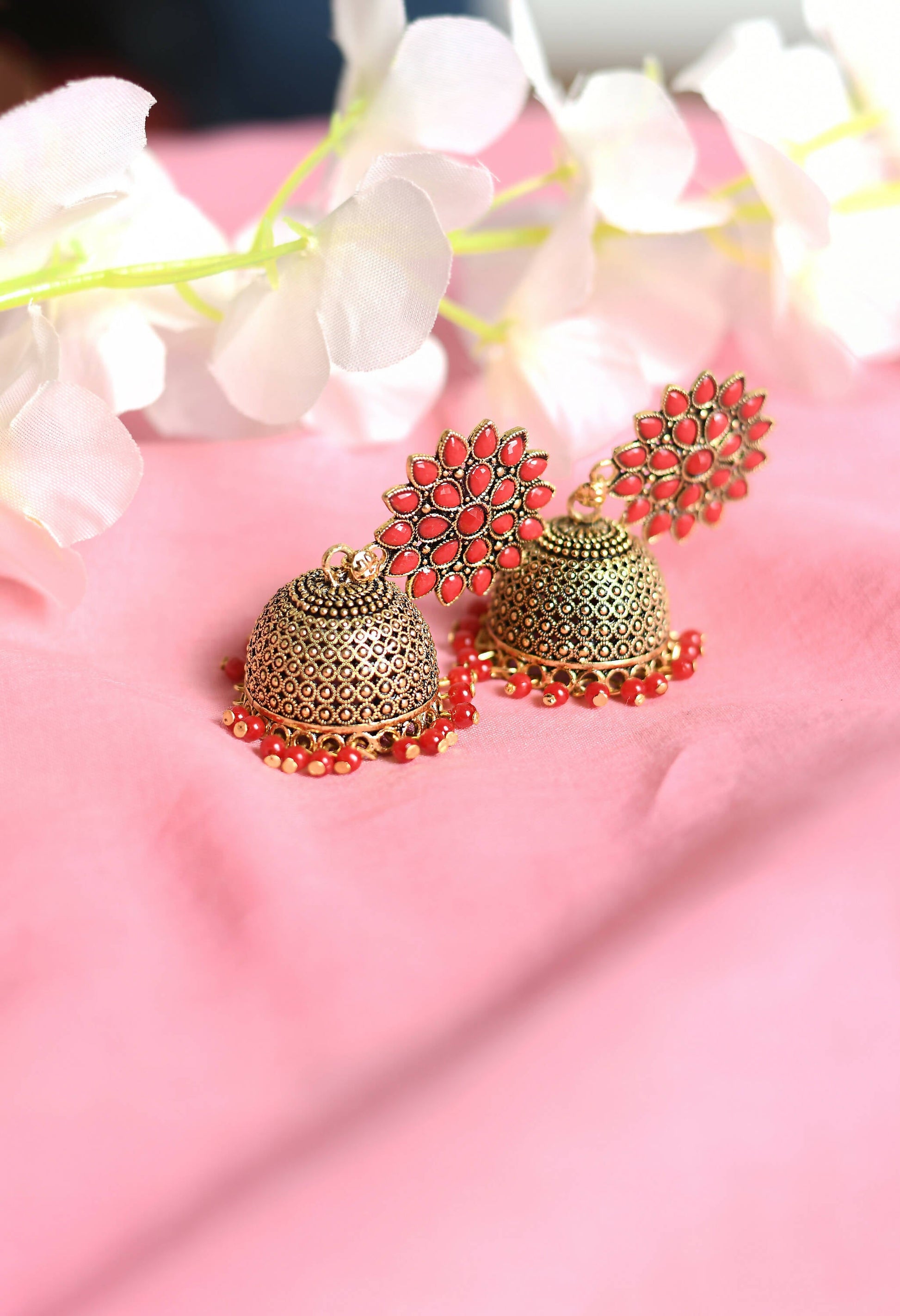 Mominos Fashion Joharkamal Kundan work Jhumka with Red Beads - Swadesiicart