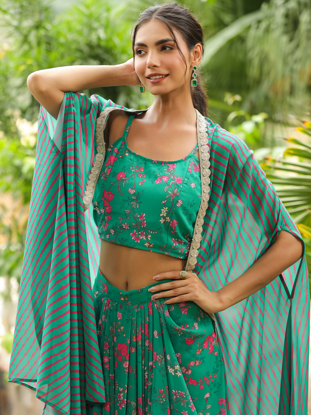 Janasya Green Georgette Floral Top Bottom Cape | Swadesiicart