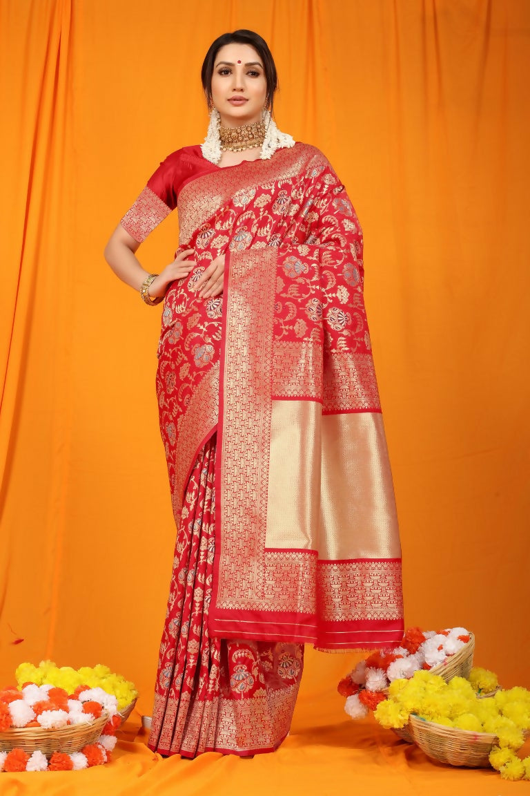 Jyoti Fashion Women's Maroon Kanjivaram Silk Zari Woven Saree with Blouse | Swadesiicart