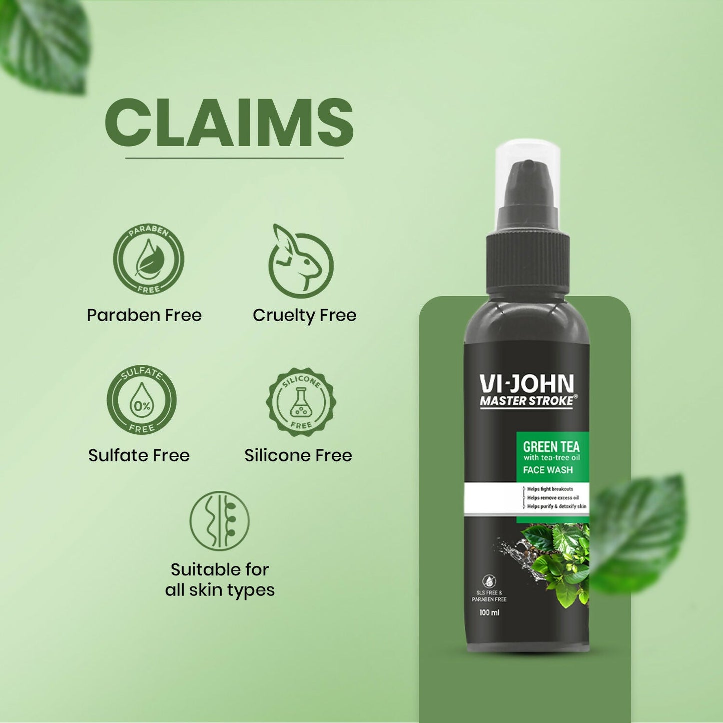 VI-JOHN Master Stroke Green Tea Face Wash Brightening Skin And Improving Texture For All Skin Type | Swadesiicart