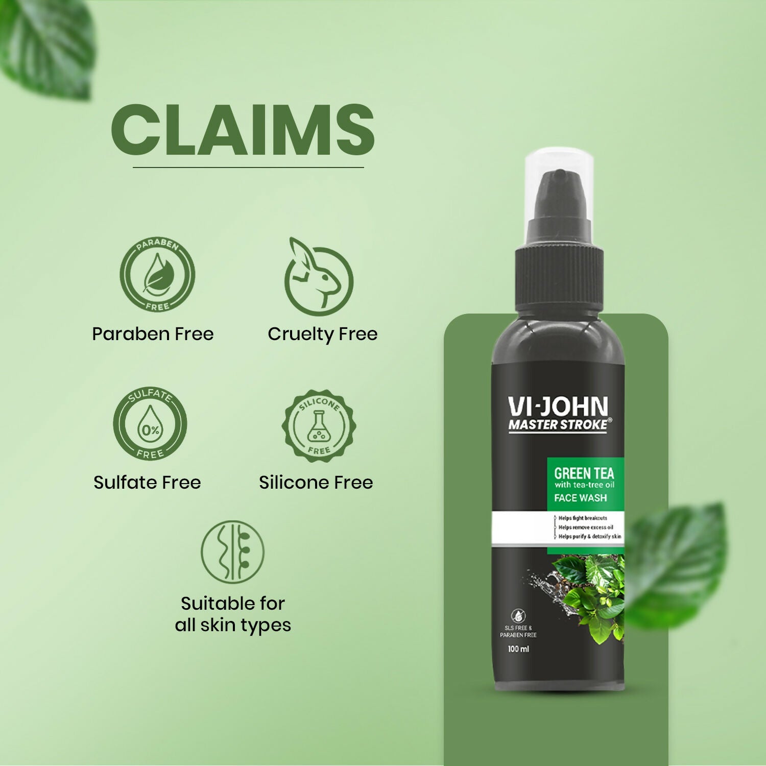VI-JOHN Master Stroke Green Tea Face Wash Brightening Skin And Improving Texture For All Skin Type | Swadesiicart