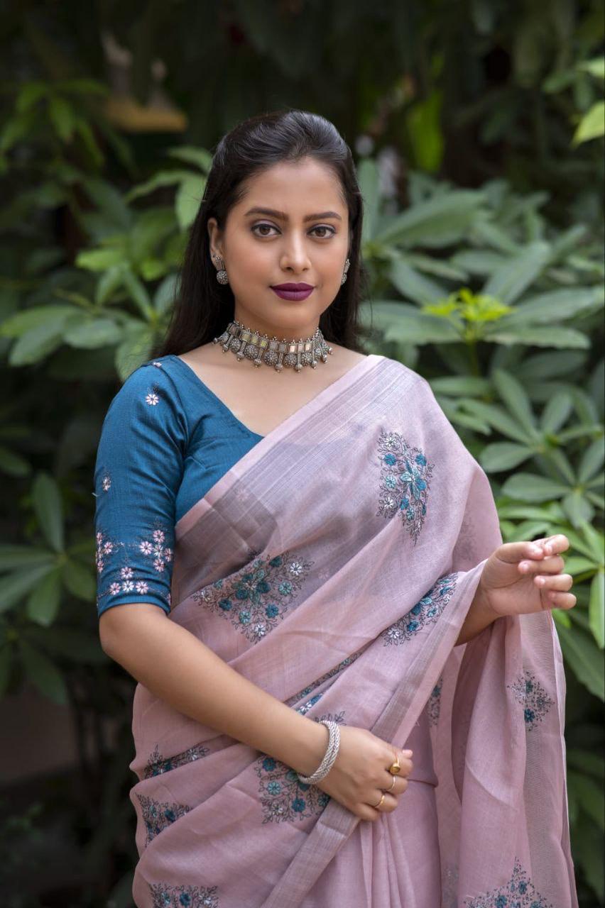 Mine Pure Linen Ethnic Motifs Saree with Unstitched Blouse - Hiral Fashion | Swadesiicart