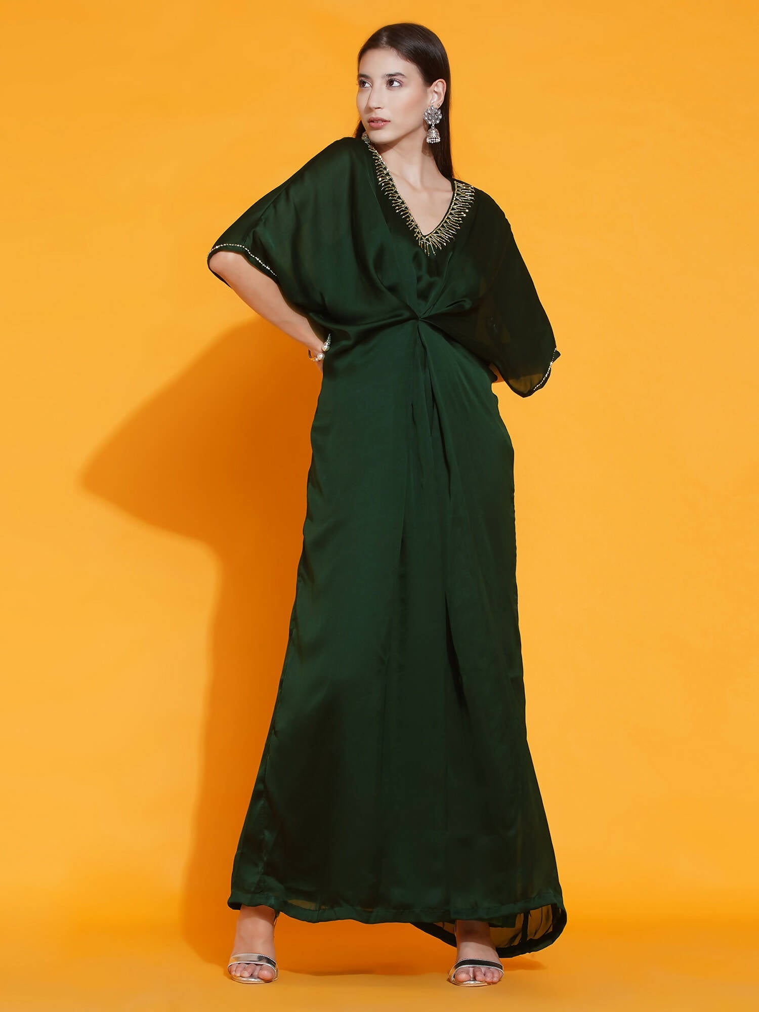 Women Republic Green Georgette Hand Embellished Kaftan Style Gown | Swadesiicart