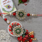 NVR Women & Men Set of 2 Red & Gold Toned Stone-Studded & Beaded Bhaiya Bhabhi Rakhi With Roli Chawal & Chocolate | Swadesiicart