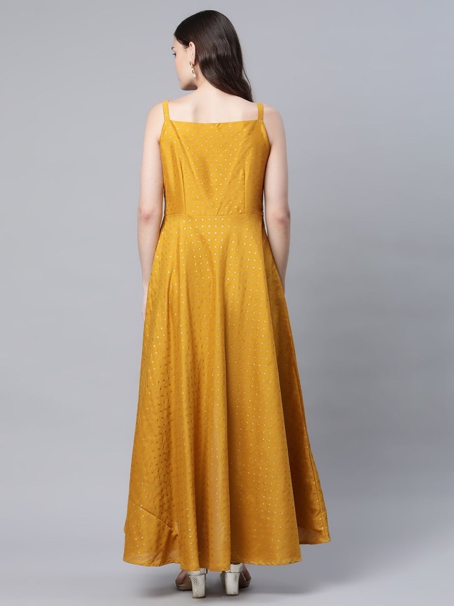 Ahalyaa Women Mustard Poly Silk Gold-Toned Printed Kurta With Trousers | Swadesiicart