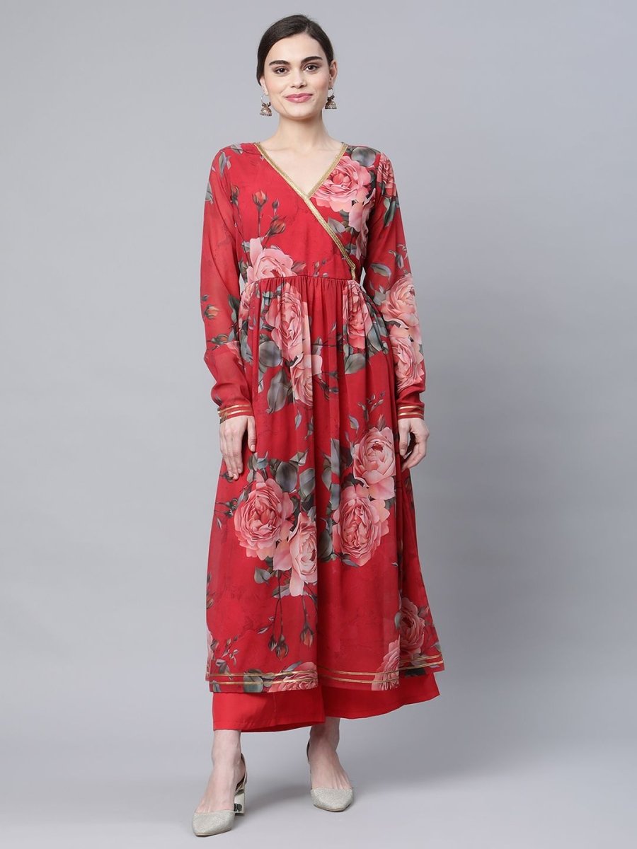 Ahalyaa Women Red Georgette Digital Floral Printed Kurta Palazzo Set - Swadesiicart