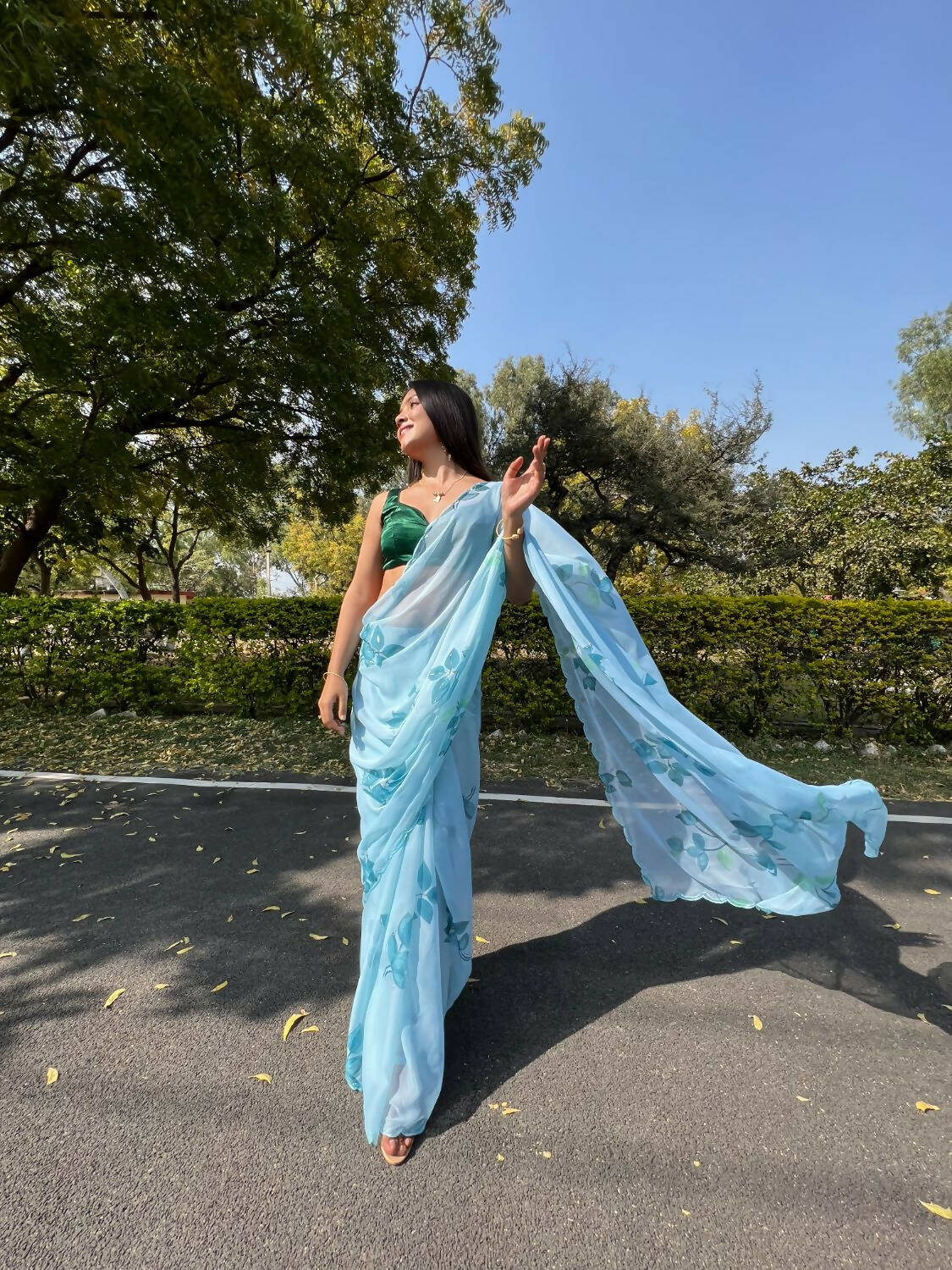 Vamsee Sky Blue Chiffon Designer Saree - Swadesiicart