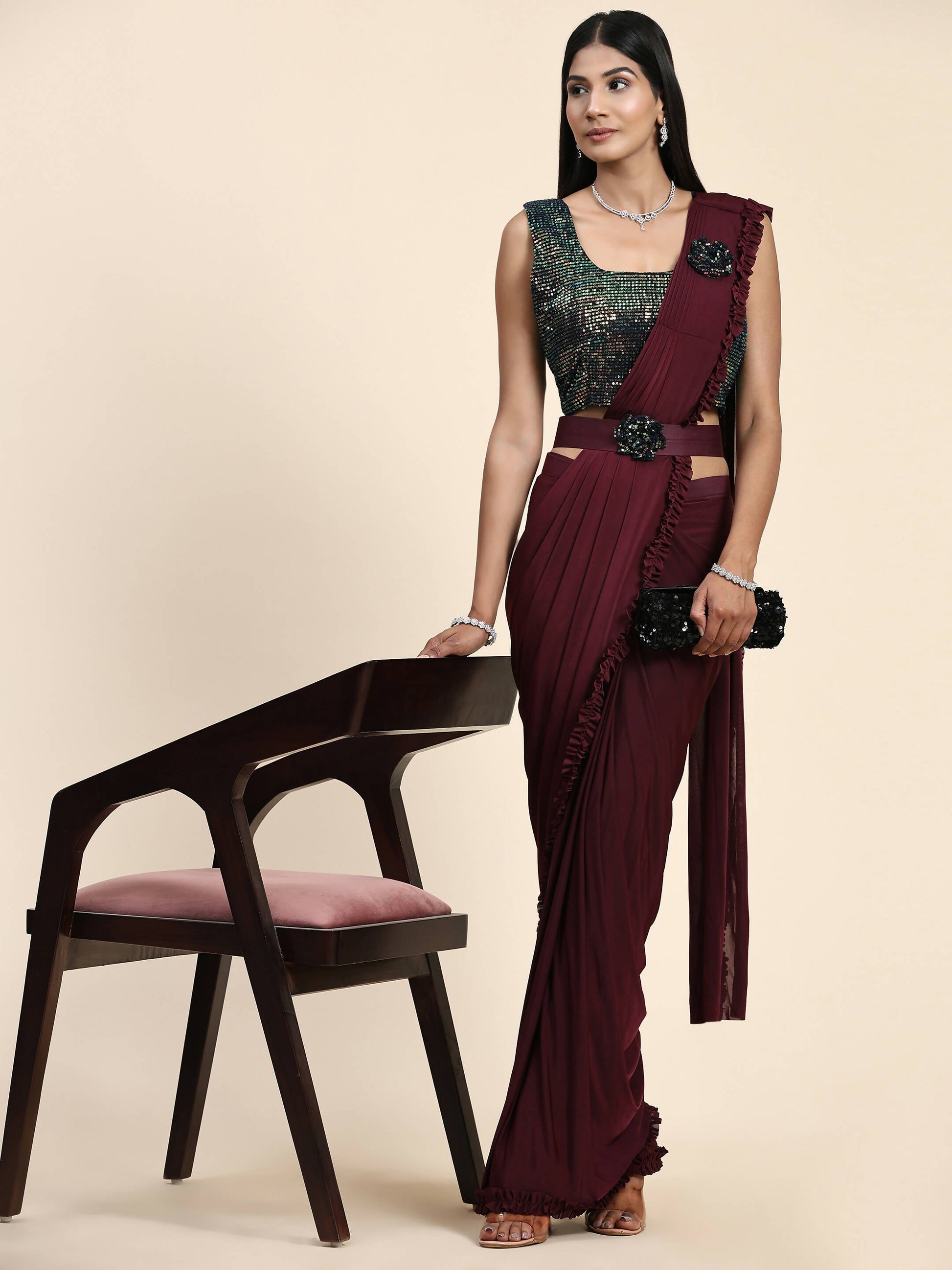 Maroon Imported Fabric Plain Ready to wear Saree with stitched Blouse - Vrinda | Swadesiicart