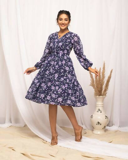 FIORRA Women's Blue Georgette Floral Printed Western Dress - Swadesiicart