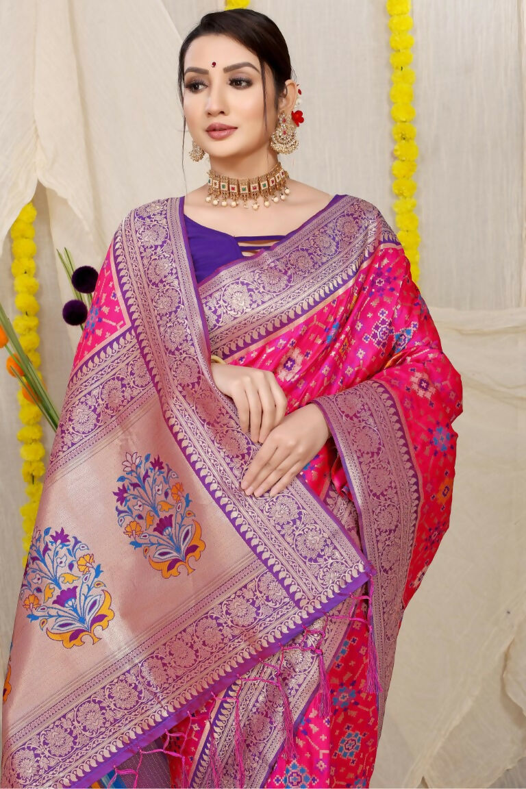 Jyoti Fashion Women's Rani Pink Patola Silk Zari Woven Saree with Blouse | Swadesiicart