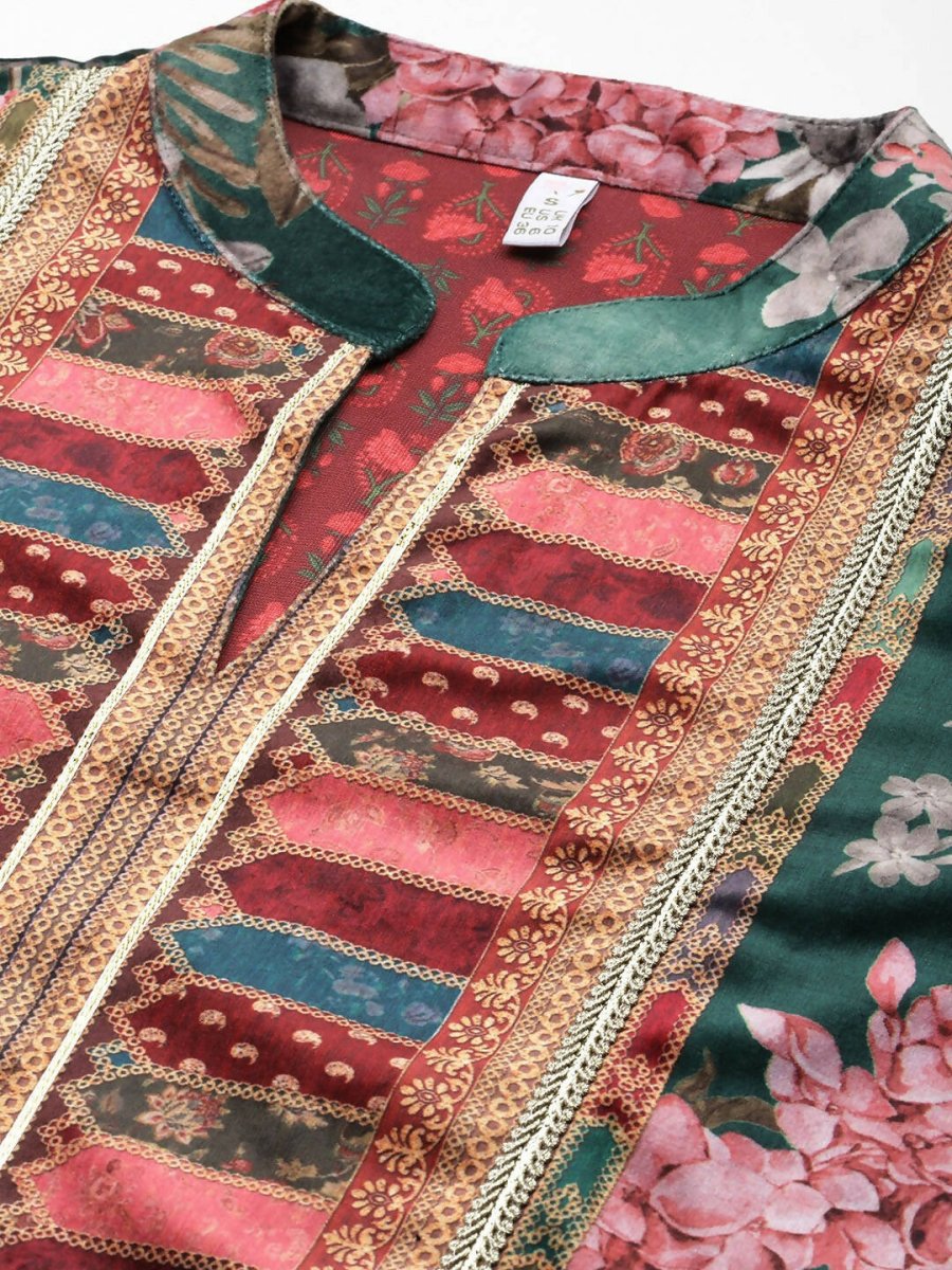 Ahalyaa Women Floral Printed Gotta Patti Velvet Kurta - Green Color | Swadesiicart