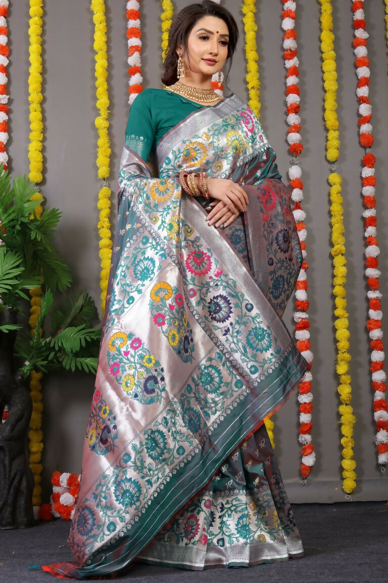 Jyoti Fashion Women's Bottle Green Banarasi Silk Zari Woven Saree with Blouse | Swadesiicart