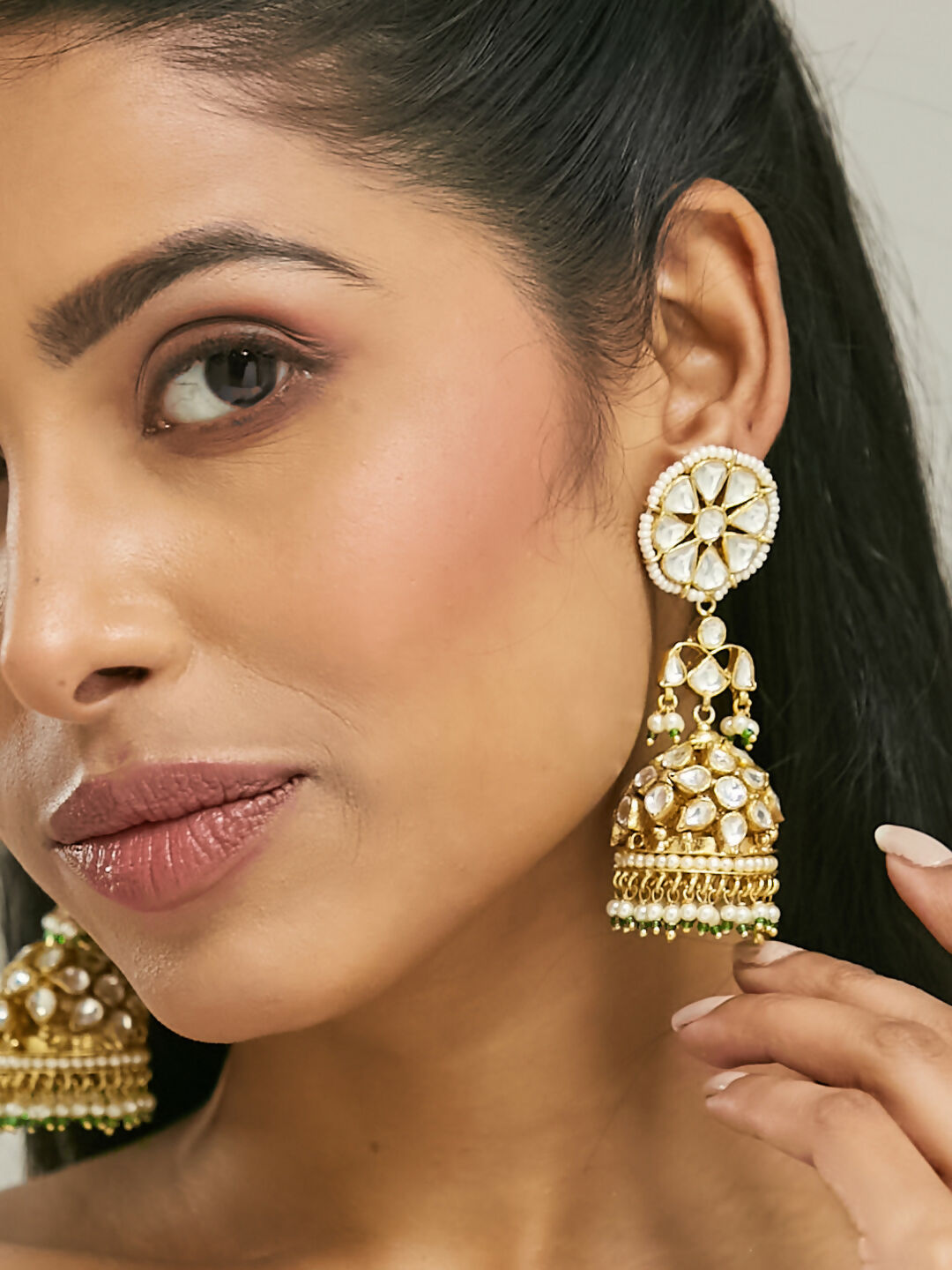 Nuyug 22K Gold-Plated Kundan Stone Studded & Pearl Beaded Dome Shaped Jhumkas | Swadesiicart