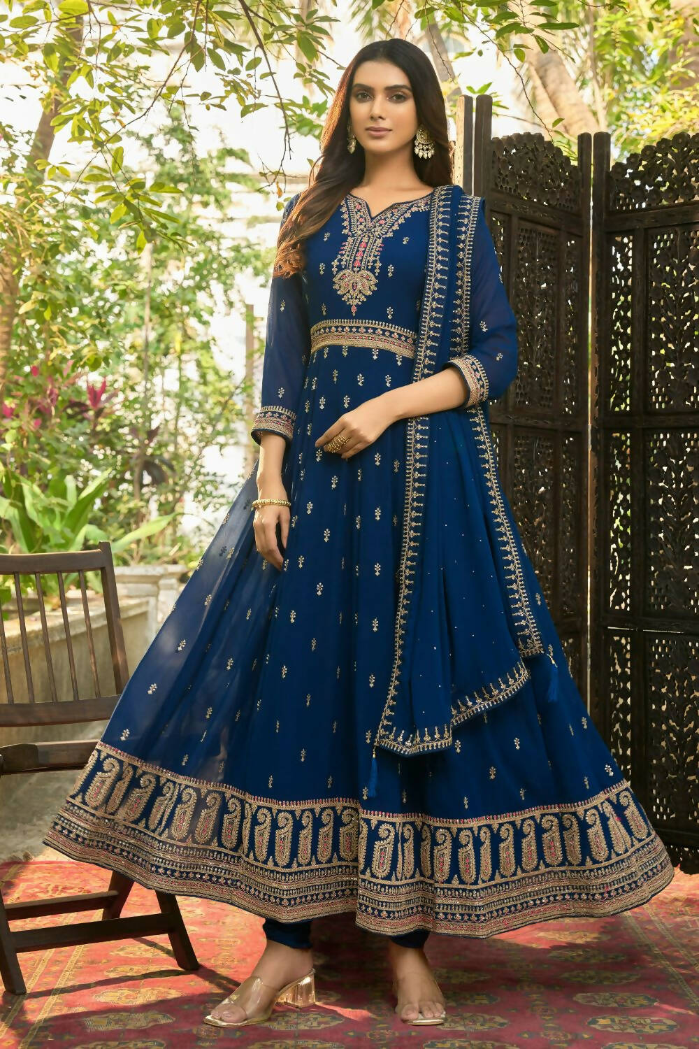 Blue Heavy Faux Georgette Anarkali Embroidered Kurta Set - Dhvani