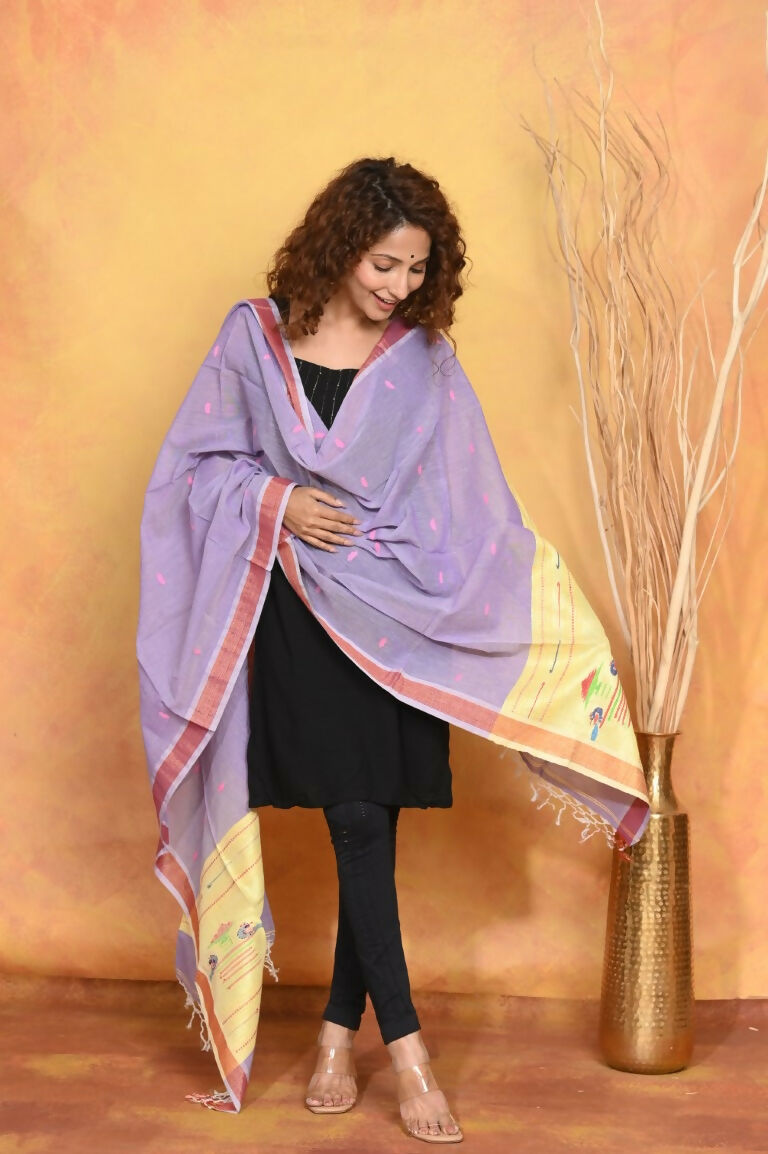 Very Much Indian Handloom Pure Cotton Paithani Dupatta - Lavender | Swadesiicart