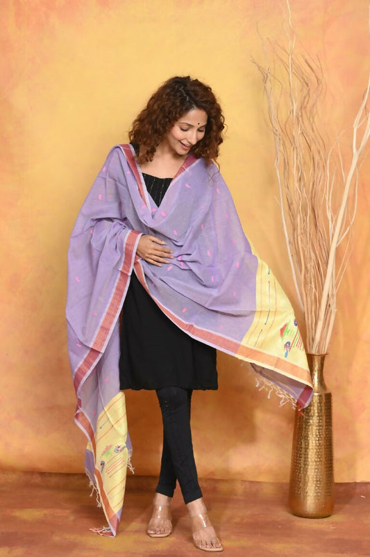 Very Much Indian Handloom Pure Cotton Paithani Dupatta - Lavender | Swadesiicart