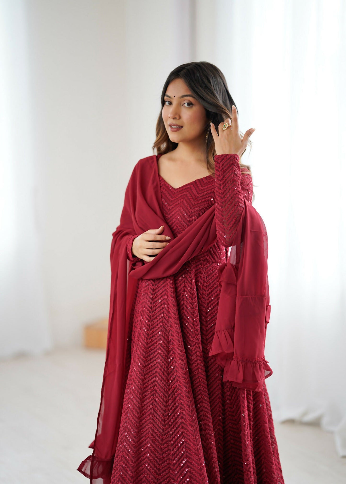 Joban Fashion Maroon Kurta Set Georgette Sequence Embroidery Work - Swadesiicart
