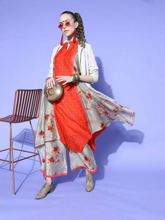 Ahalyaa Women Beige Colour Chanderi Digital Printed Kurta Palazzo Set | Swadesiicart