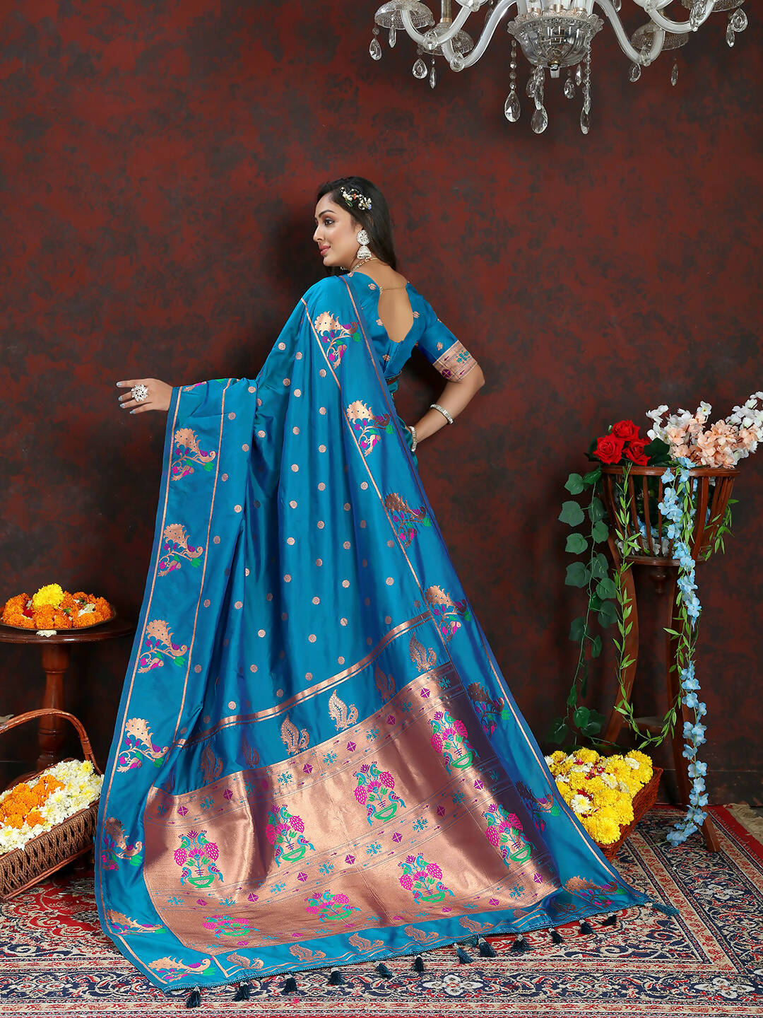 Lorenvalley Fashion Rama Soft Paithani Silk Woven Design Copper Zari Meenakari Weaving Saree - Swadesiicart