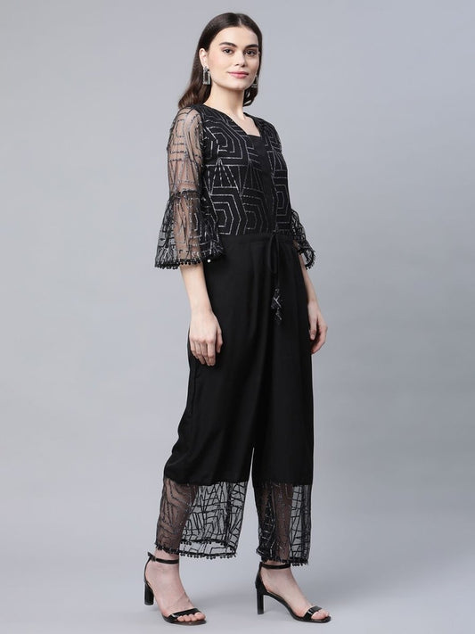 Ahalyaa Womens Crepe & Net Black Printed Jumpsuit - Swadesiicart