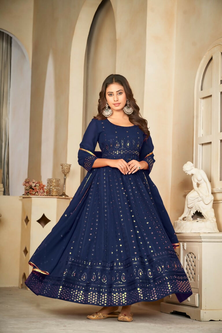 Jyoti Fashion Women's Blue Georgette Embroidered Anarkali Kurta Pant Set With Dupatta | Swadesiicart