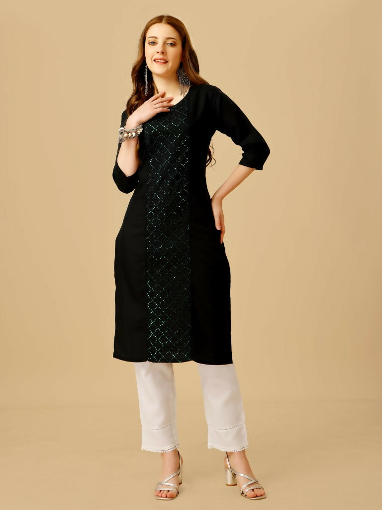 Jyoti Fashion Women's Black Cotton Blend Embroidered Kurta Pant Set | Swadesiicart