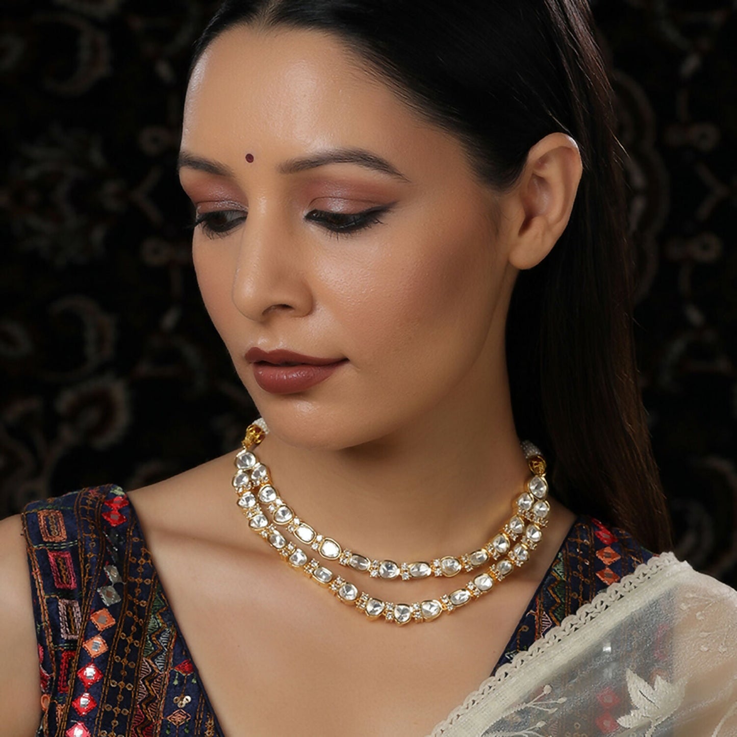 Double Layered Kundan and American Diamond Neckpiece (Gold) - Ruby Raang | Swadesiicart