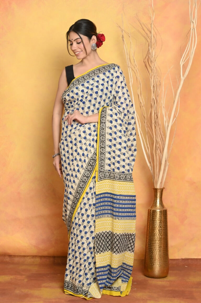 Very Much Indian Handblock Printed Cotton Saree With Natural Dyes - White | Swadesiicart