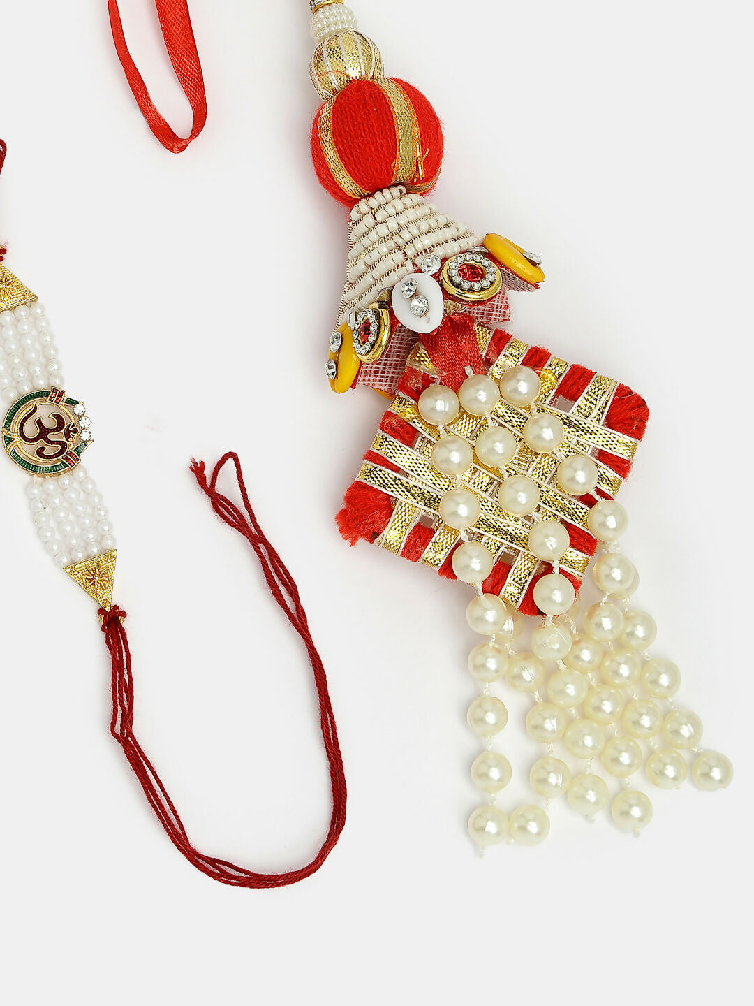 NVR Women & Men Set of 2 White Pearl Bhaiya Bhabhi Rakhi With Roli Chawal | Swadesiicart