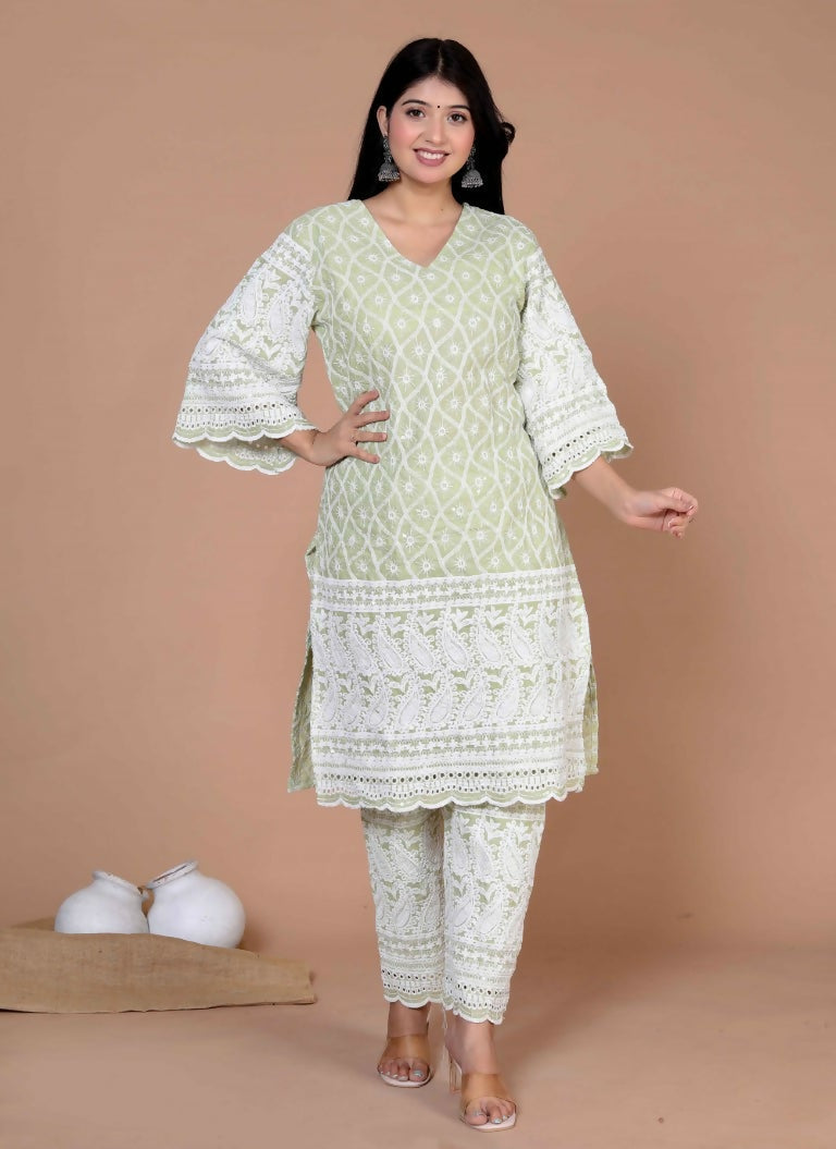 Miravan Women's Green Embroidery Chikankari Kurta And Palazzo | Swadesiicart