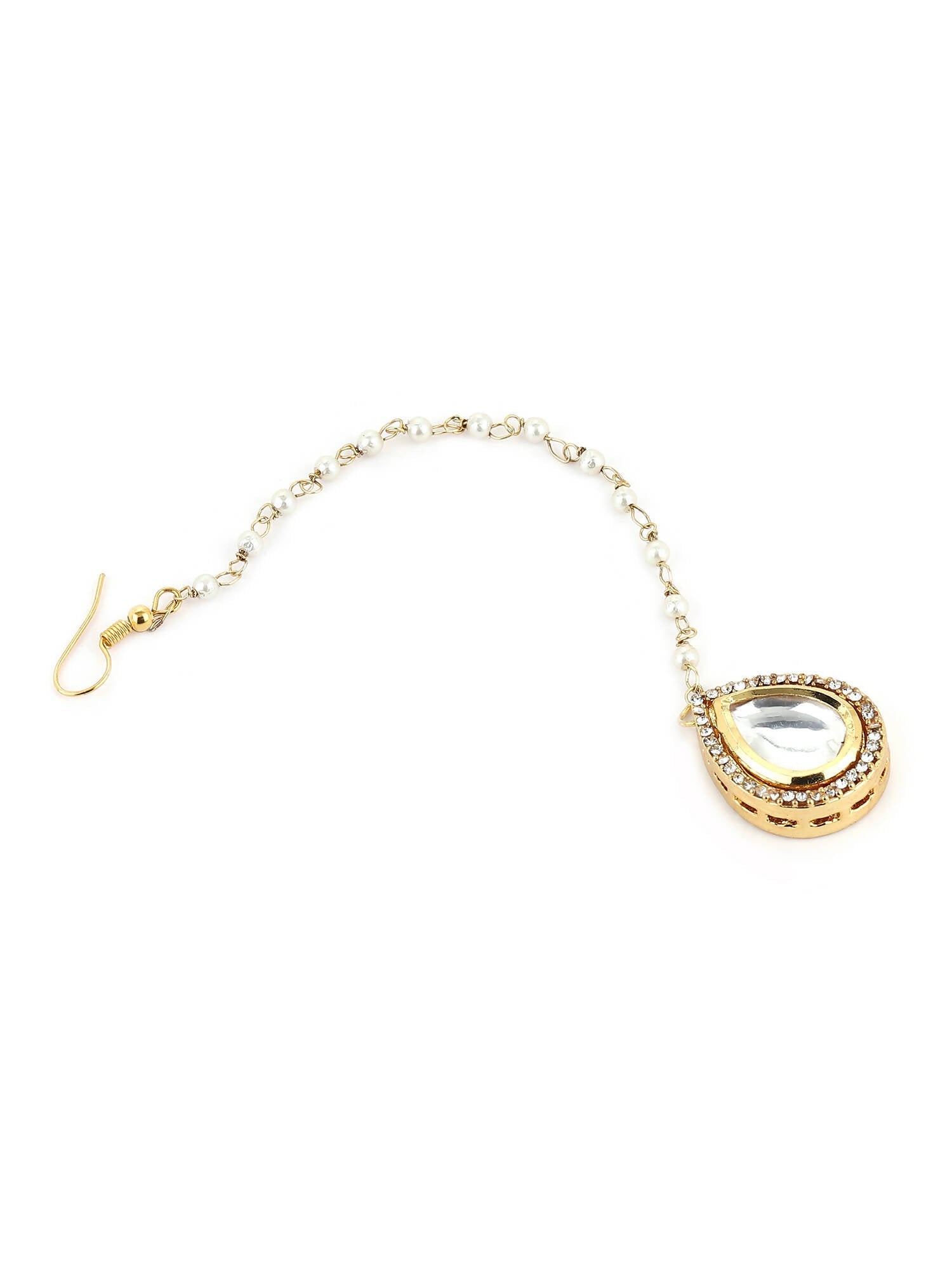 Gold-Polished White Kundan-Studded Pearl Beaded Maang Tikka - Ruby Raang | Swadesiicart