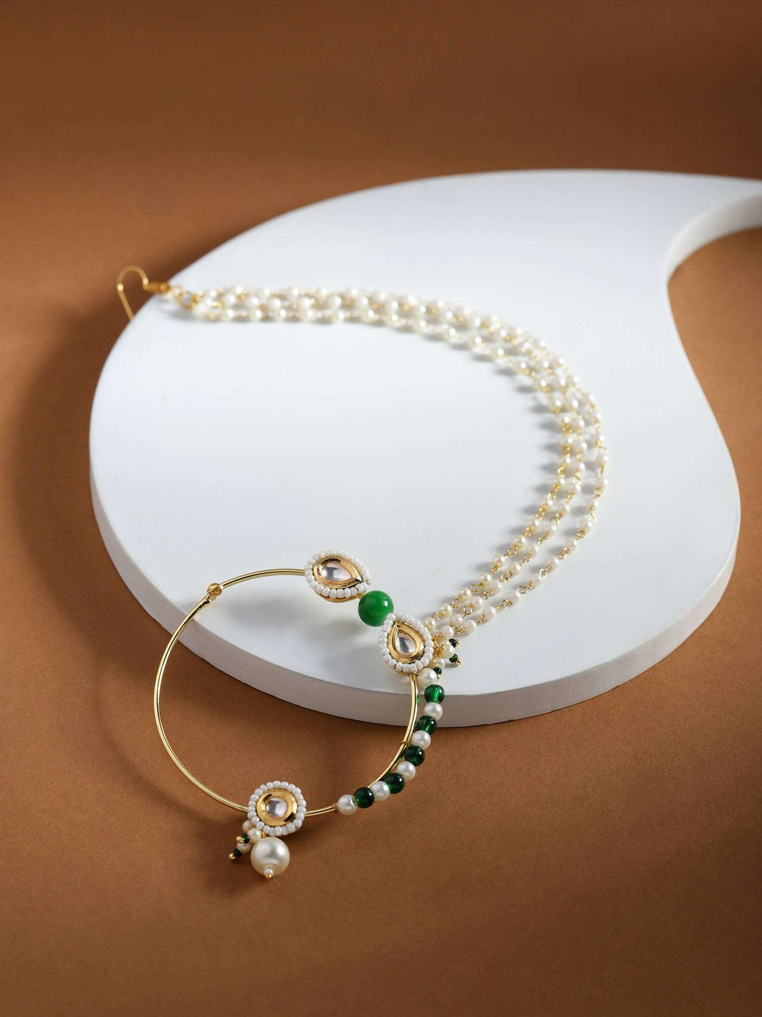 Gold-Polished White Green Kundan-Studded Pearl Beaded Nosepin - Ruby Raang | Swadesiicart