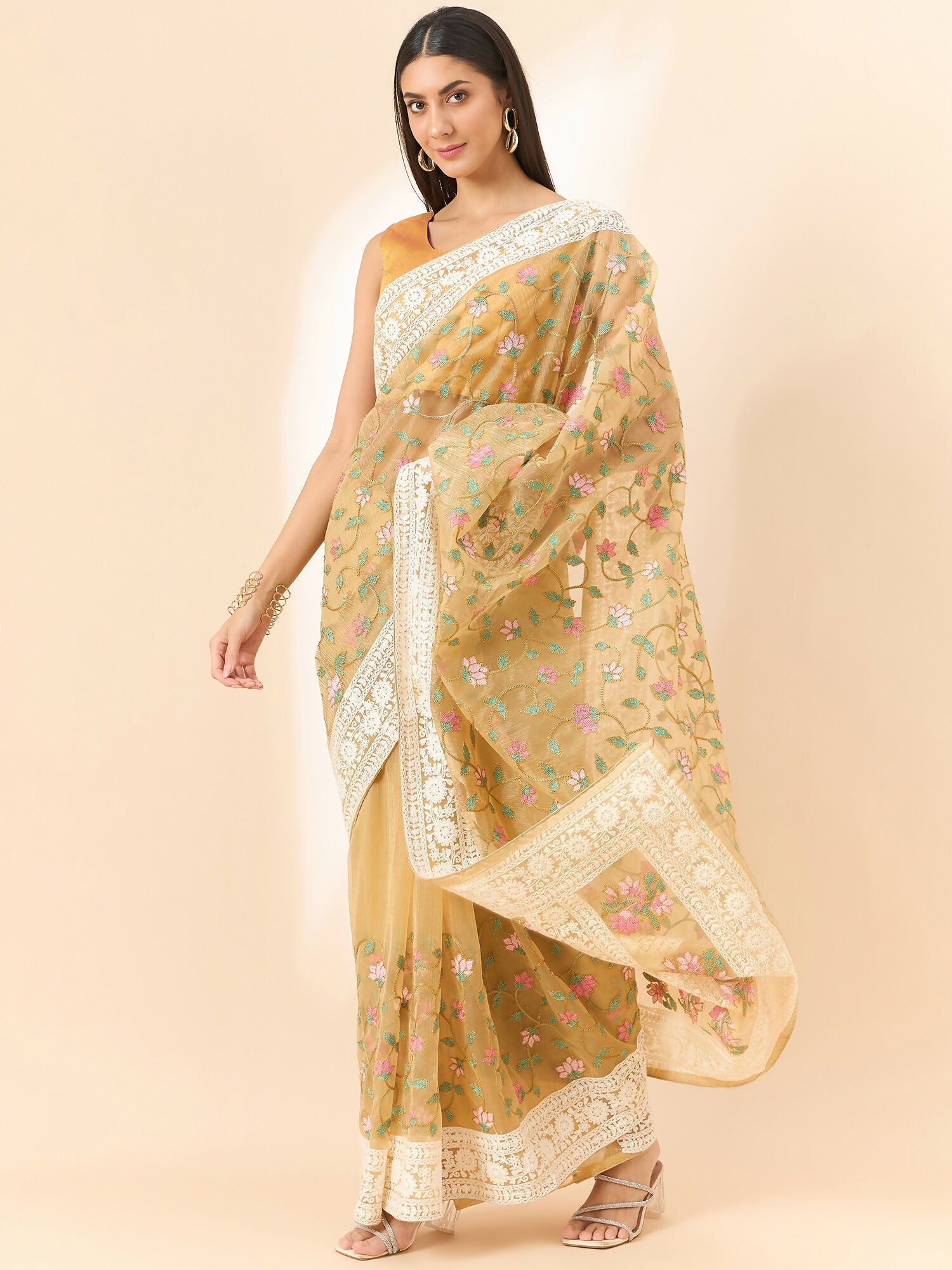 Beige Organza Floral Embroidered Saree with Unstitched Blouse Piece - Roozal
