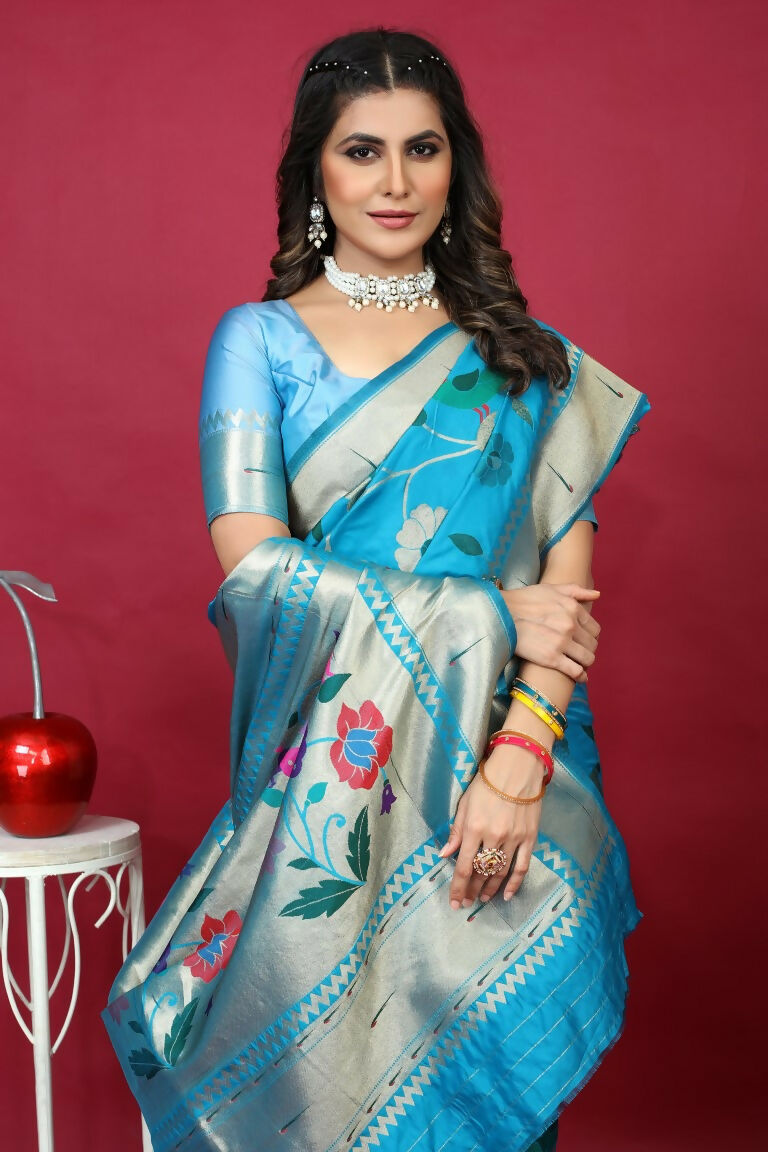 Jyoti Fashion Women's Sky Blue Paithani Silk Zari Woven Saree with Blouse | Swadesiicart
