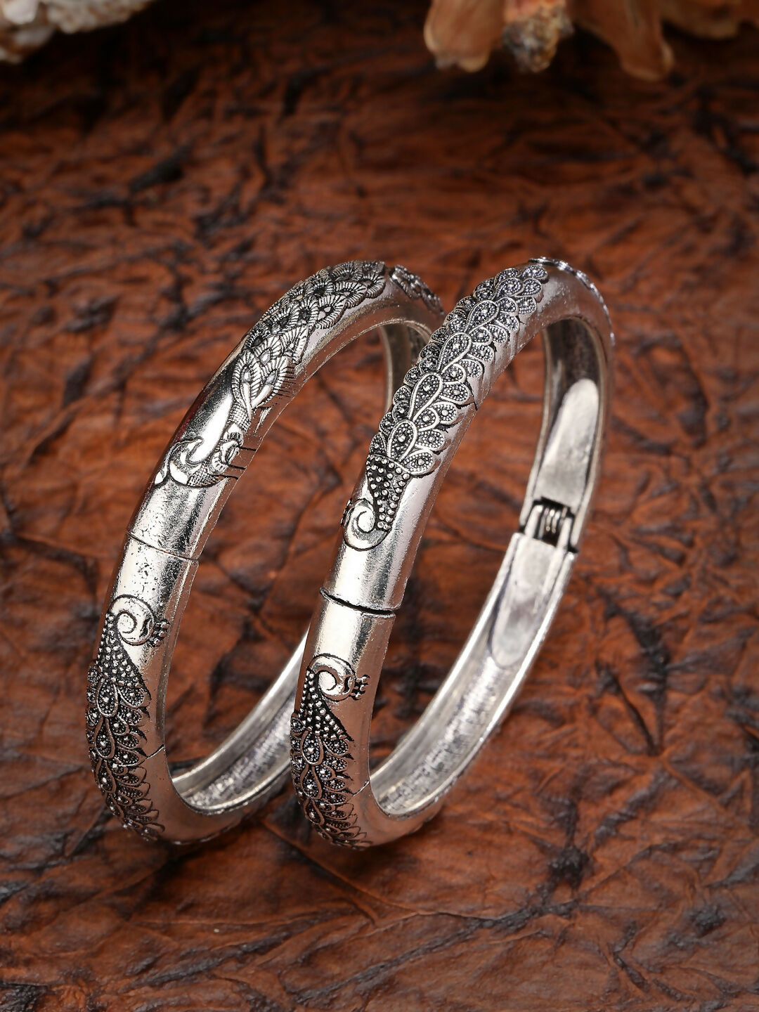 NVR Women's Set of 2 Silver-Toned German Silver Peacock Design Oxidised Kada Bangle - Swadesiicart