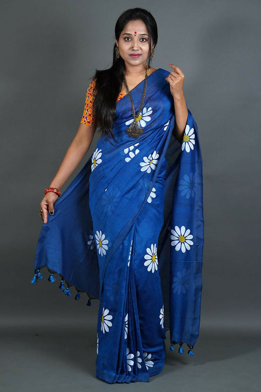 Exclusive Collection Blue Pure Cotton Saree With Sunflower Design - Swadesiicart