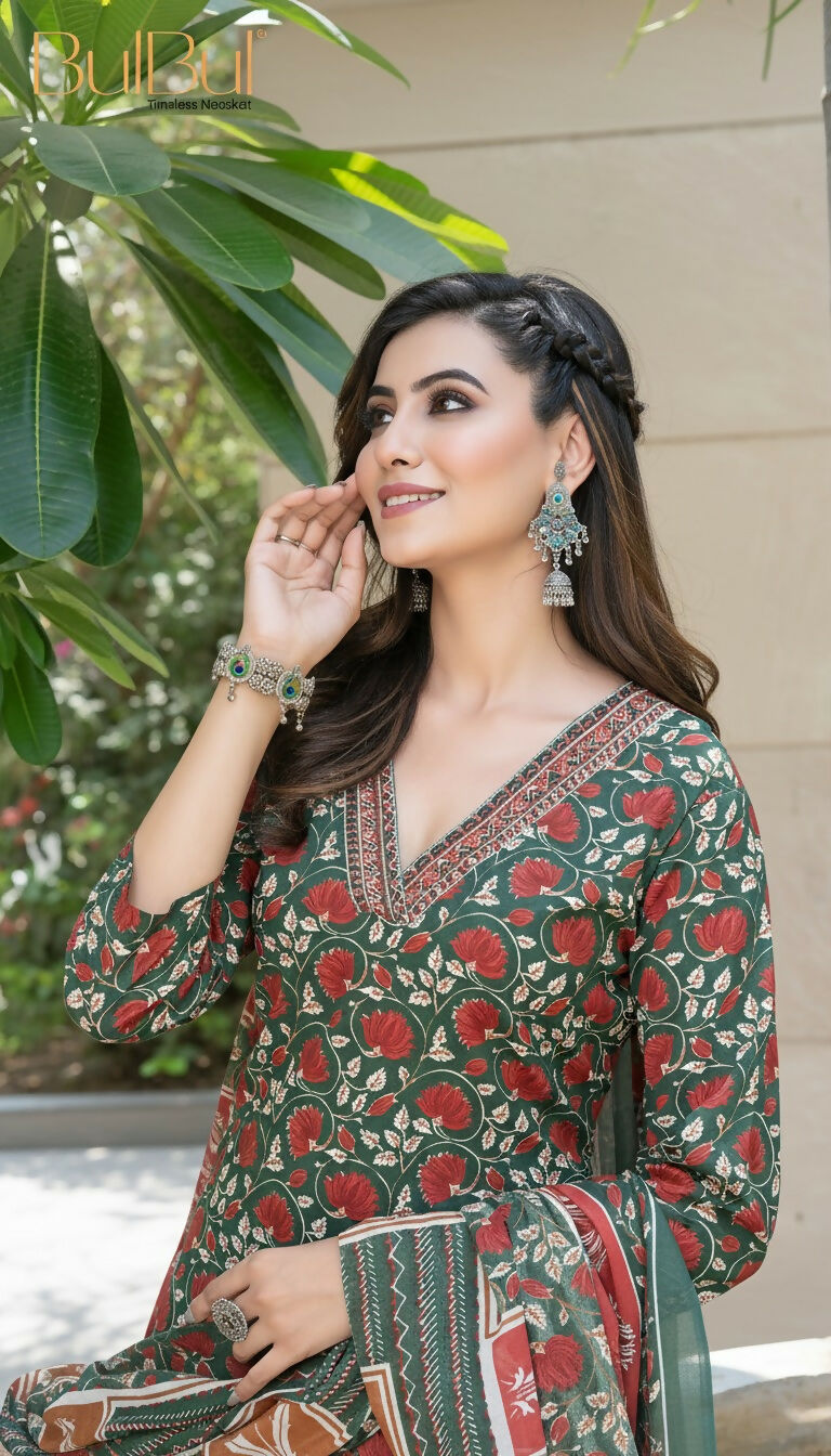 BulBul Fashionista Green Cotton Kurta Set with Dupatta - Swadesiicart