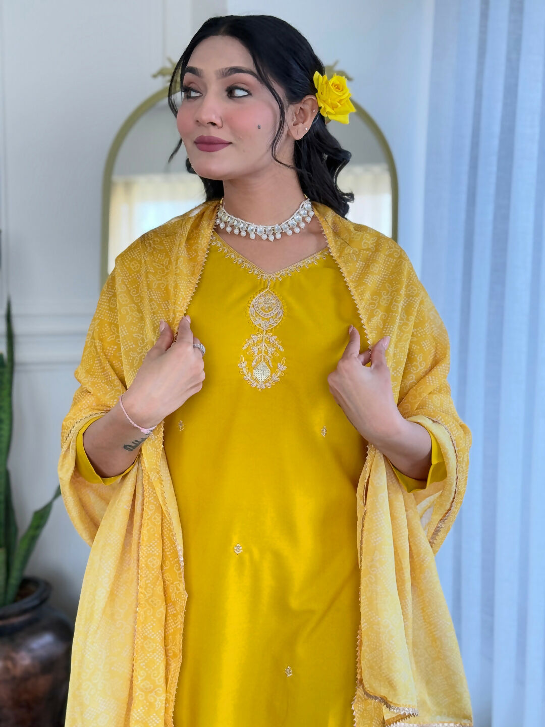 The52 Yellow Women's Beautiful Embroidered Rayon Fabric with Straight Kurta, Pant and Dupatta Set - Swadesiicart
