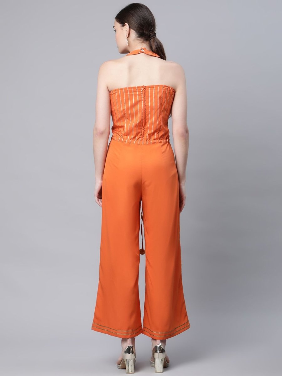 Ahalyaa Womens Orange Crepe Gold Stripped Print Jumpsuit - Swadesiicart