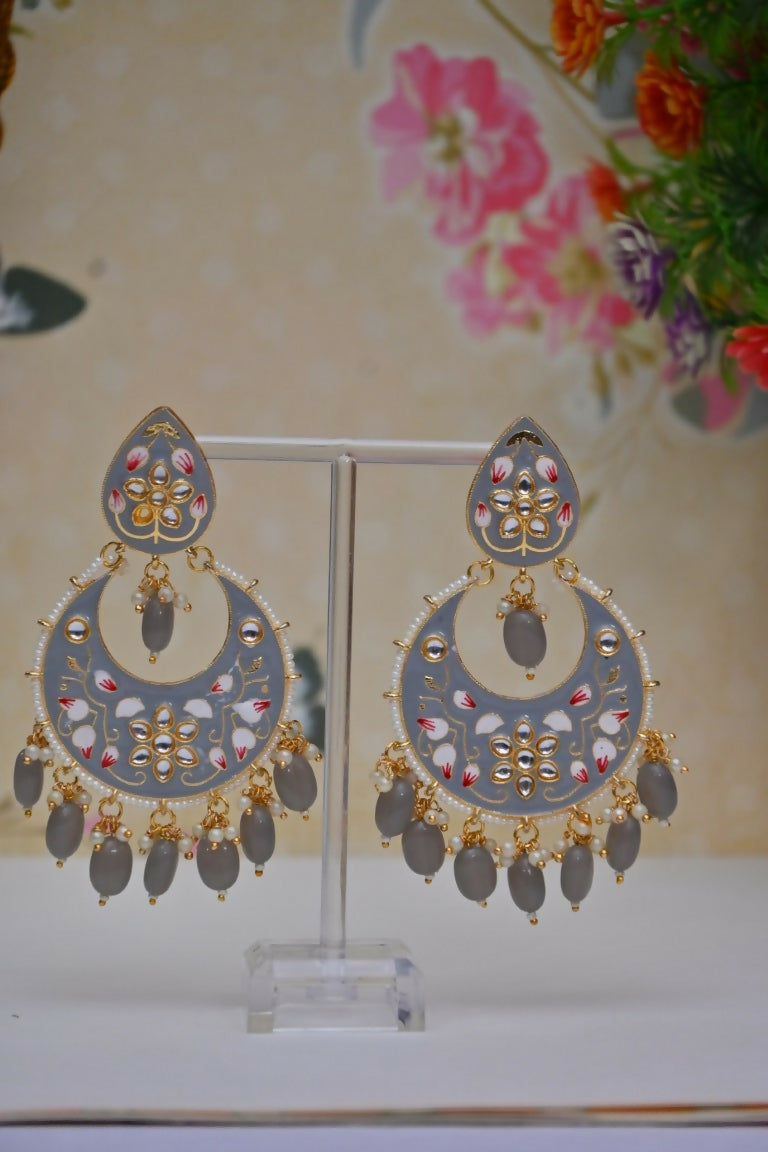 Grey Gold-Polished Brass & Pearl Dangle Women Earrings| Hand Painted Meenakari Chandbali Traditional Ethnic Wear Earrings By House of Ree - Swadesiicart