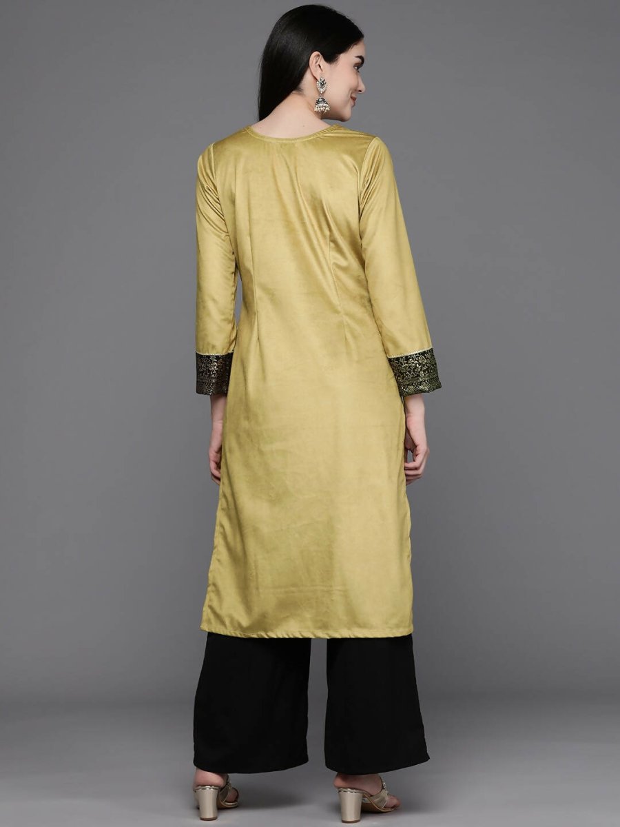 Ahalyaa Women Floral Yoke Design Gotta Patti Velvet Kurta - Mustard Color | Swadesiicart