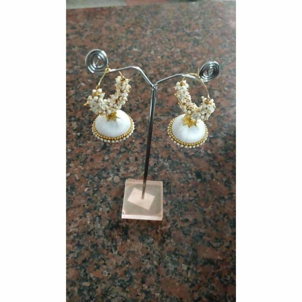 White & golden Bead Jumka - Madhu Collections