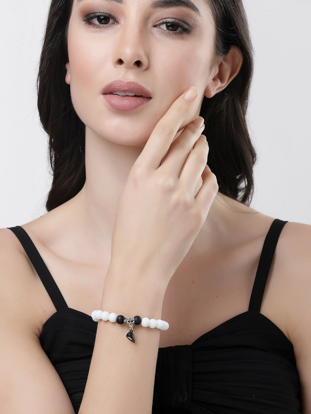 NVR Men & Women Set of 2 Black & White Onyx Handcrafted Elasticated Bracelet - Swadesiicart