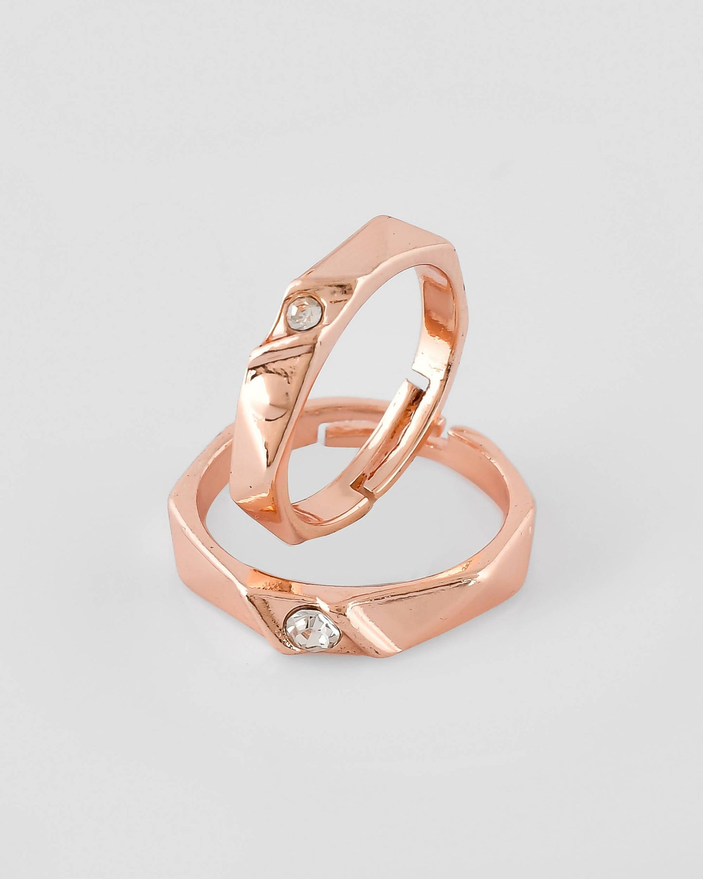 VOJ Stainless Steel Cubic Zirconia Rose Gold-Polished Adjustable Ring Set for Couple | Swadesiicart