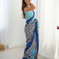 Blue Chinon Designer Digital Printed,Mirror Cut Work Saree - Manvika