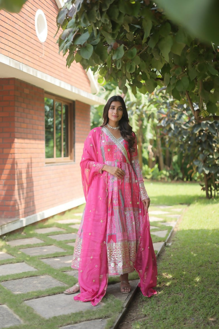 Jyoti Fashion Women's Pink Russian Silk Digital Print with Embroidered Anarkali Dress with Dupatta | Swadesiicart