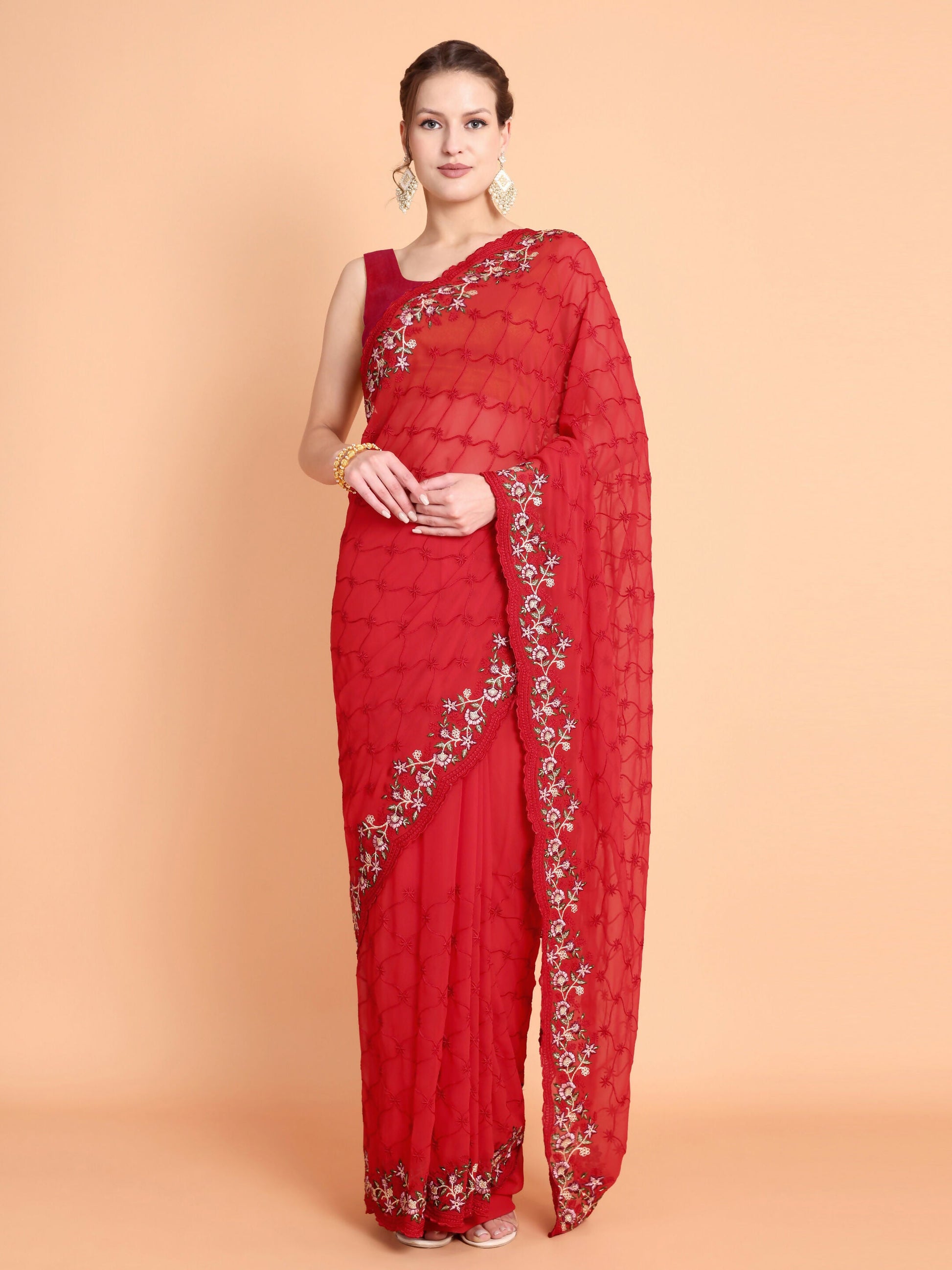 Vamsee Ammelia Red Georgette Saree - Swadesiicart