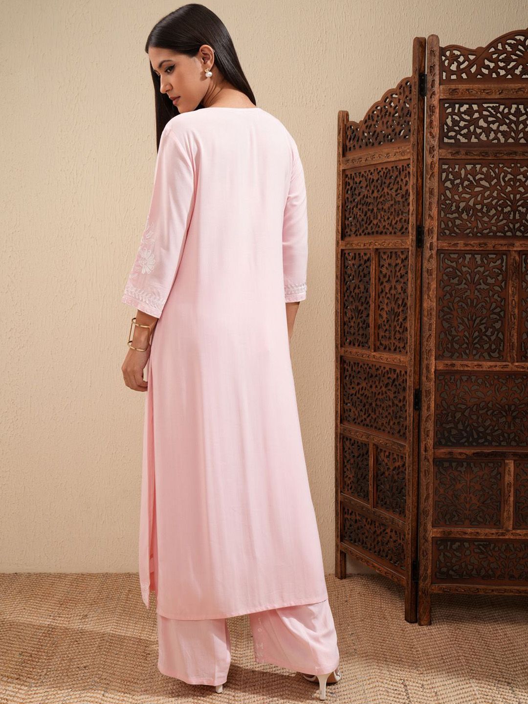Vishudh Ethnic Motifs Embroidered Thread Work Straight Kurta With Palazzos - Swadesiicart